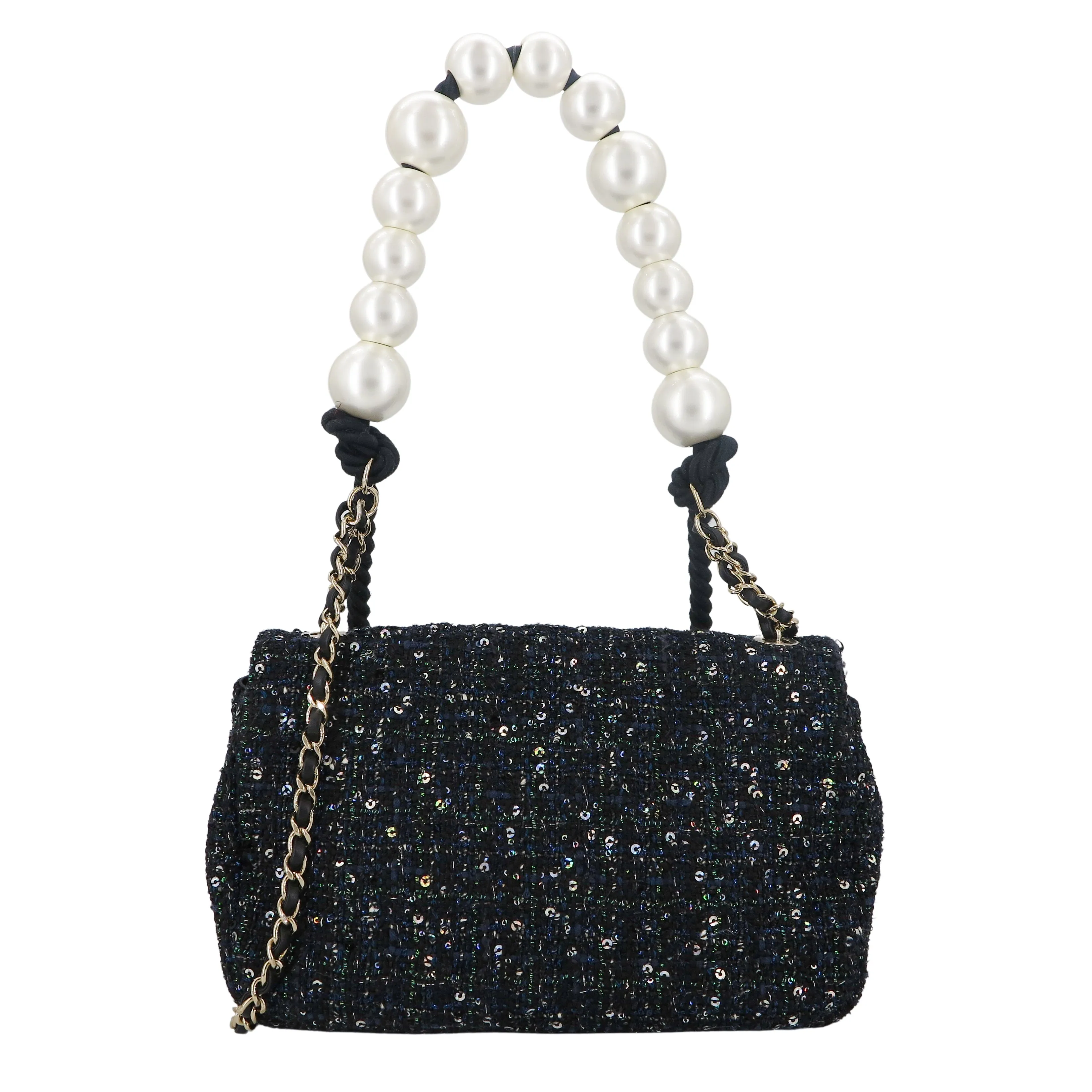 19S Dark Blue Tweed Pearl Handle Medium Flap Bag