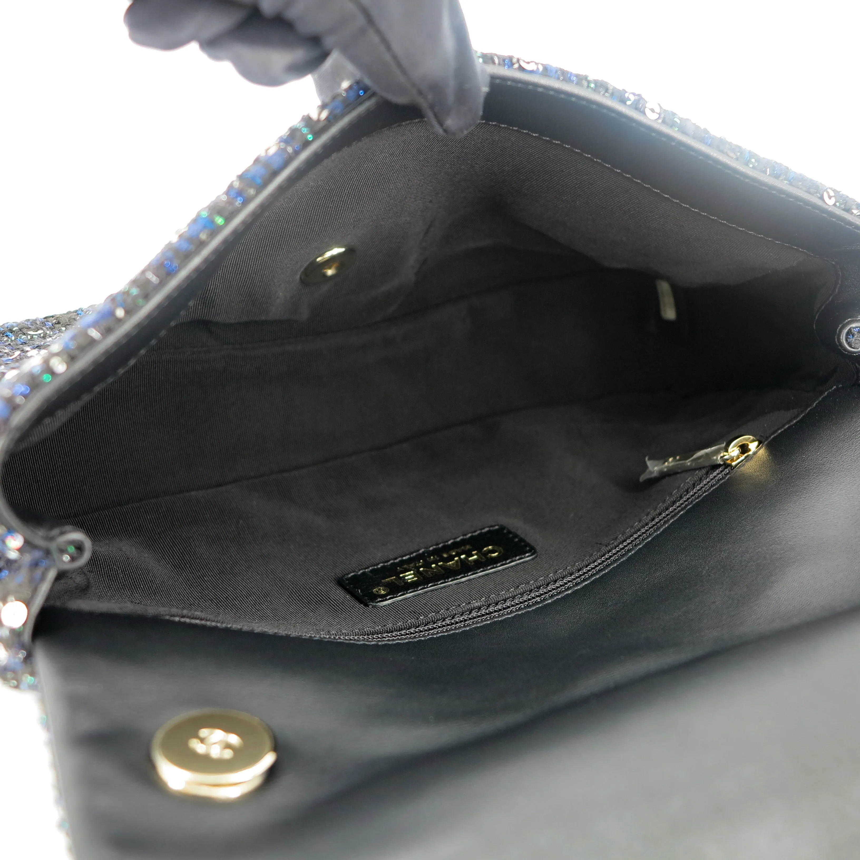 19S Dark Blue Tweed Pearl Handle Medium Flap Bag