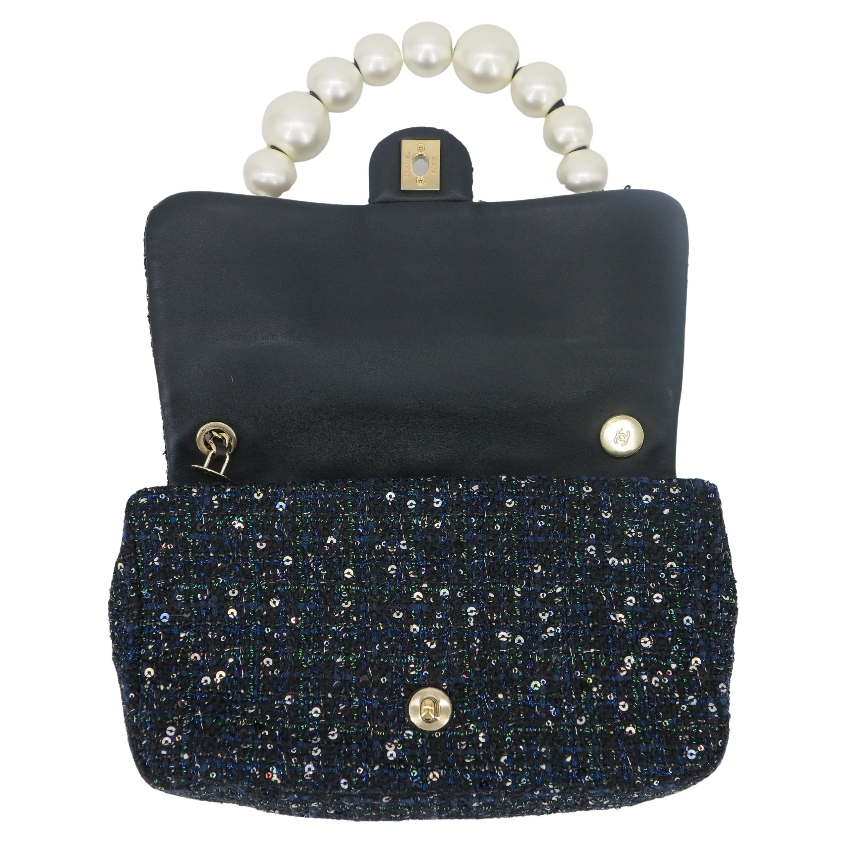 19S Dark Blue Tweed Pearl Handle Medium Flap Bag