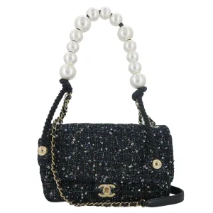 19S Dark Blue Tweed Pearl Handle Medium Flap Bag