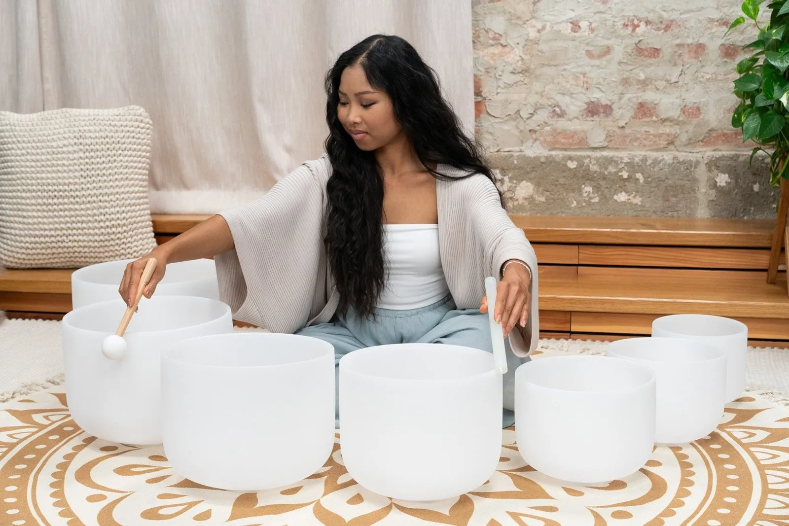 432 Hz 8"-14" Crystal Singing Bowls Chakra Set of 7 - Pure White Frosted Quartz