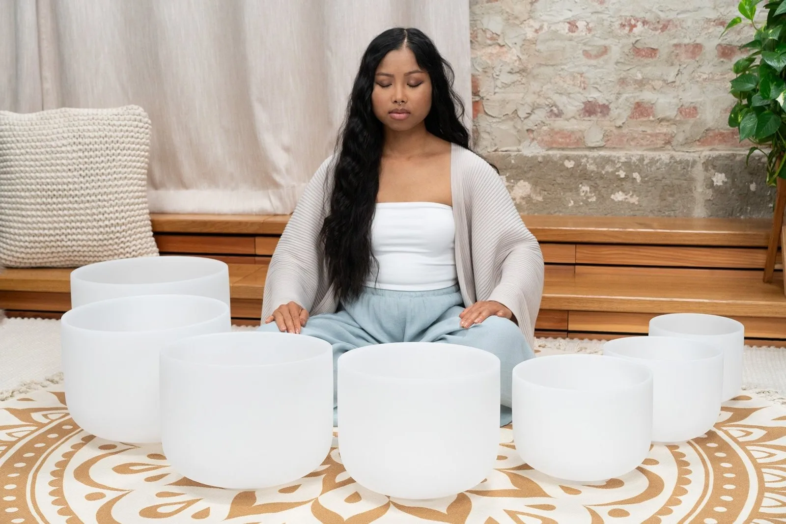 432 Hz 8"-14" Crystal Singing Bowls Chakra Set of 7 - Pure White Frosted Quartz