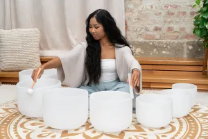 432 Hz 8"-14" Crystal Singing Bowls Chakra Set of 7 - Pure White Frosted Quartz