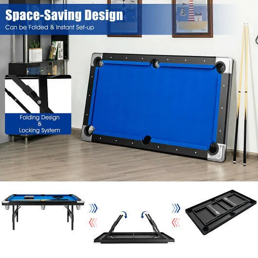 6 Feet Foldable Billiard Pool Table with Complete Set of Balls-Blue - Color: Blu