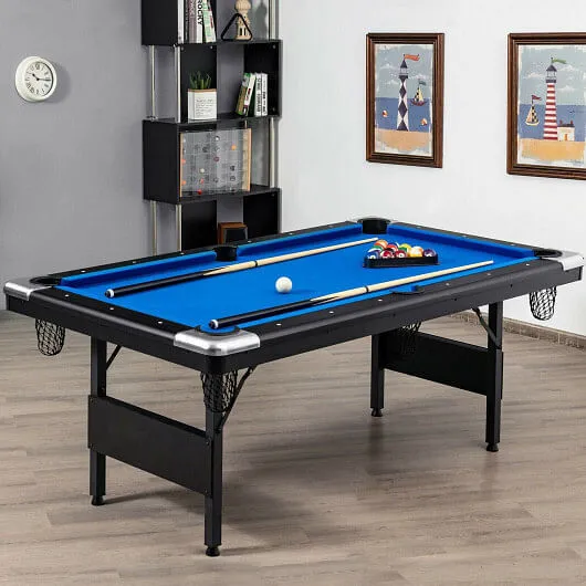 6 Feet Foldable Billiard Pool Table with Complete Set of Balls-Blue - Color: Blu