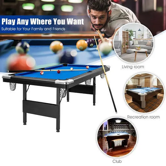 6 Feet Foldable Billiard Pool Table with Complete Set of Balls-Blue - Color: Blu