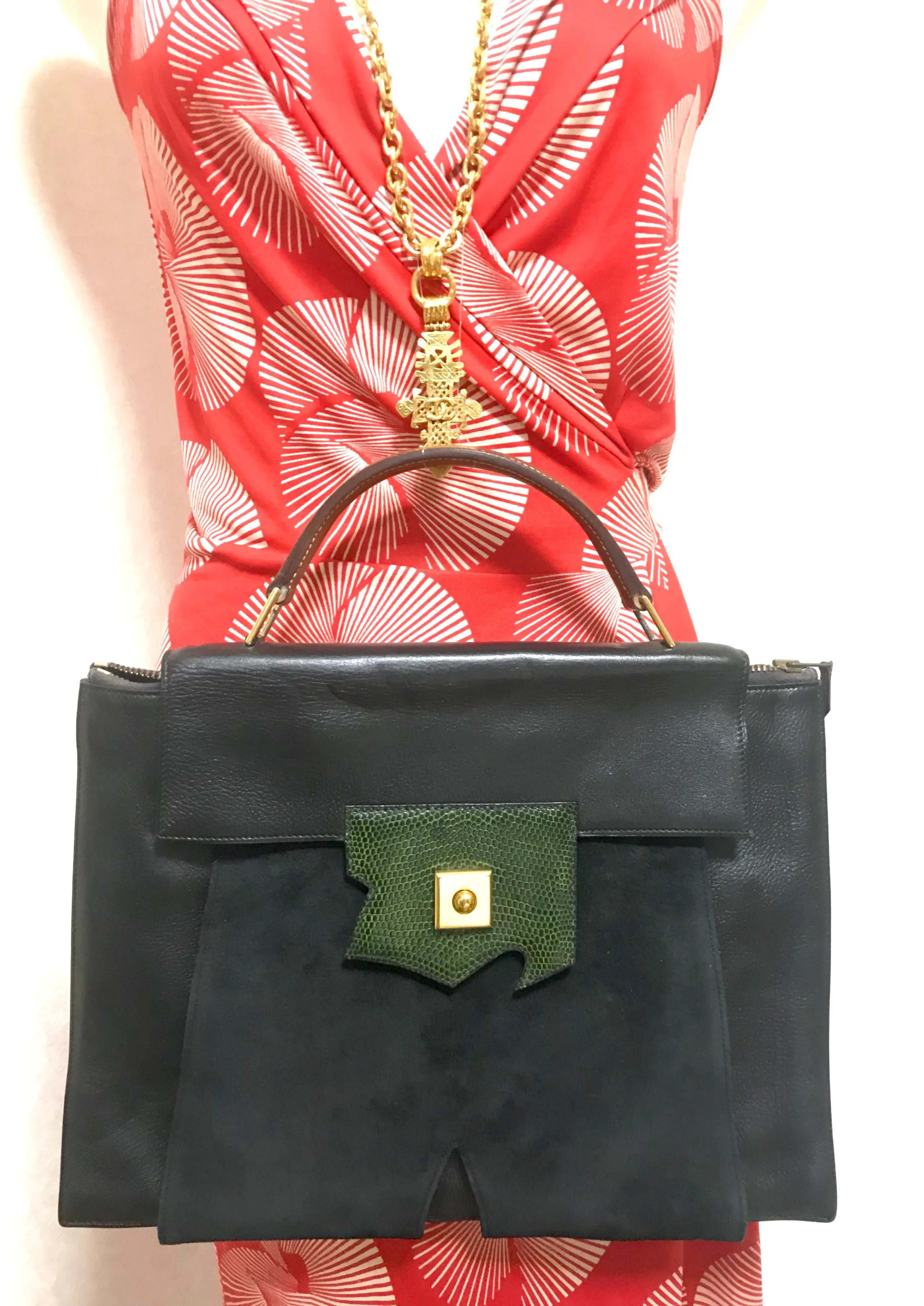 80's Vintage HERMES business portfolio bag, president in calf, suede, lizard. Stamp R, 1988. Limited edition back in the era. Unisex