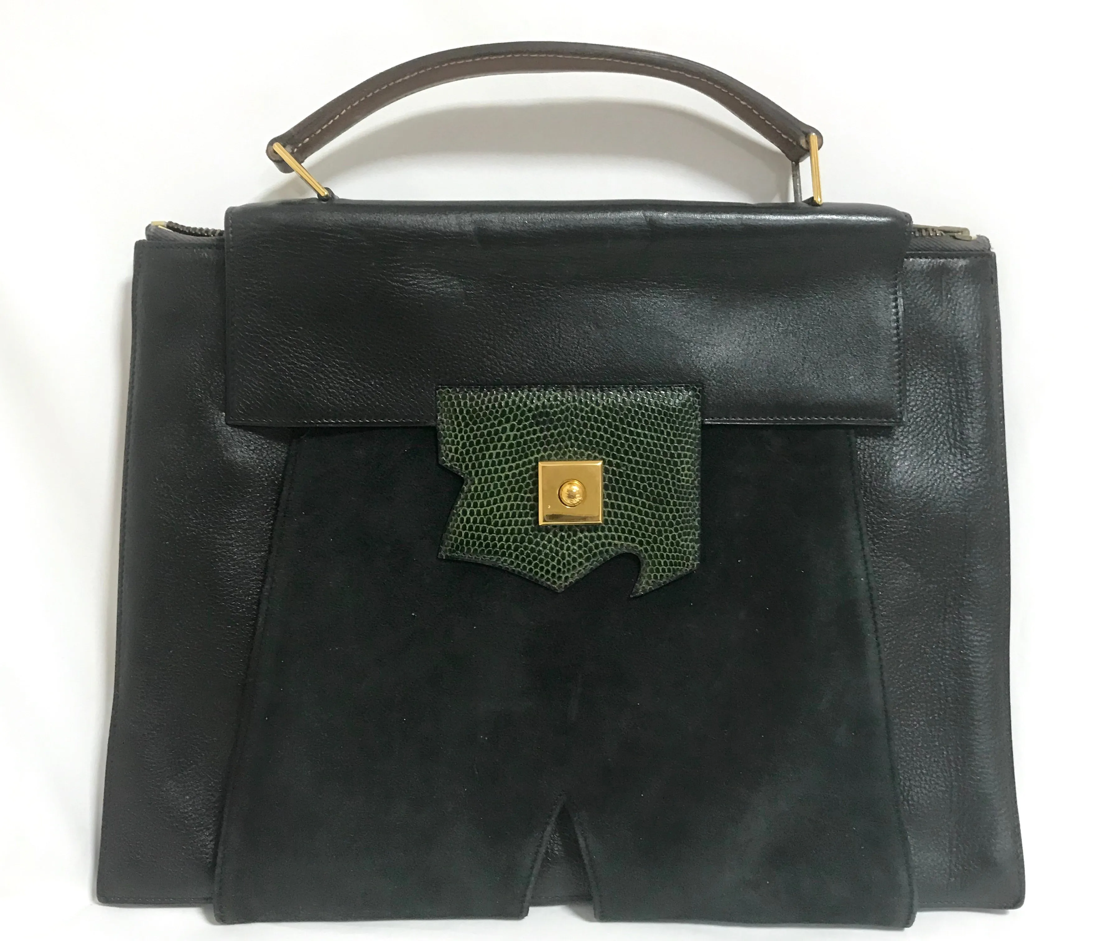 80's Vintage HERMES business portfolio bag, president in calf, suede, lizard. Stamp R, 1988. Limited edition back in the era. Unisex