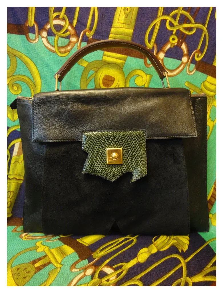 80's Vintage HERMES business portfolio bag, president in calf, suede, lizard. Stamp R, 1988. Limited edition back in the era. Unisex