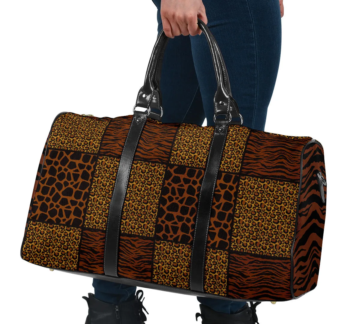 Animal Print Patchwork Travel Bag Duffel Bag Luggage With Tiger Striped Sides