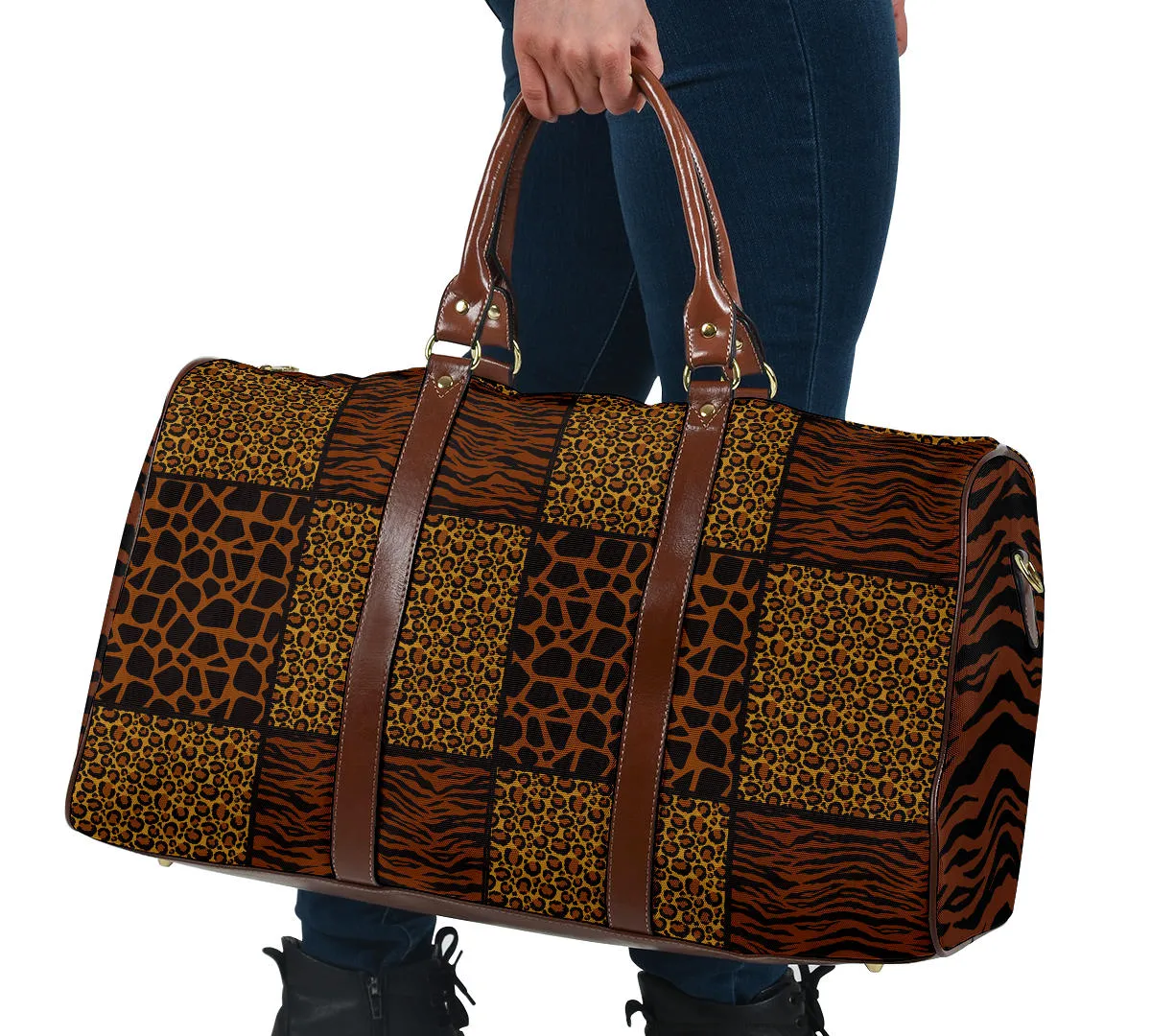 Animal Print Patchwork Travel Bag Duffel Bag Luggage With Tiger Striped Sides