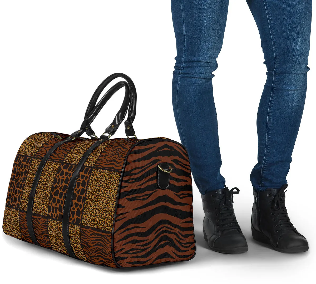 Animal Print Patchwork Travel Bag Duffel Bag Luggage With Tiger Striped Sides