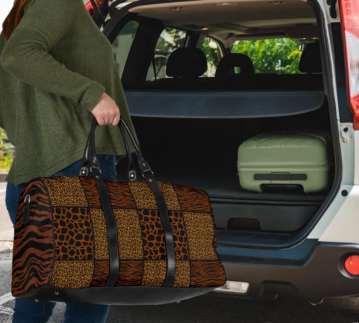 Animal Print Patchwork Travel Bag Duffel Bag Luggage With Tiger Striped Sides