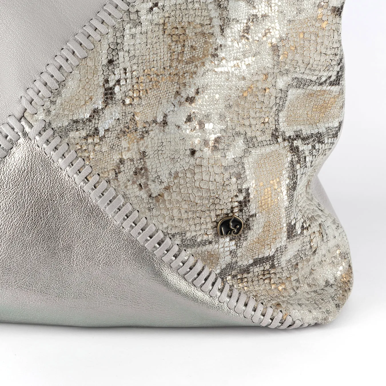 Awonke : Ladies Leather Shopper Handbag in Quarry Cayak, Tallio Grid & Opal Rockafella