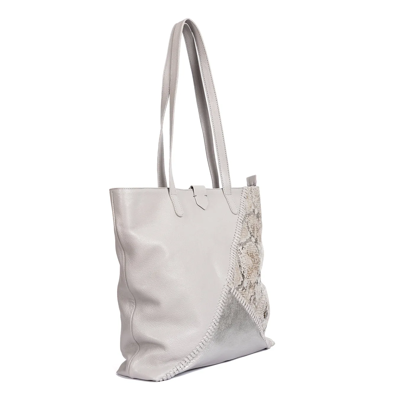 Awonke : Ladies Leather Shopper Handbag in Quarry Cayak, Tallio Grid & Opal Rockafella