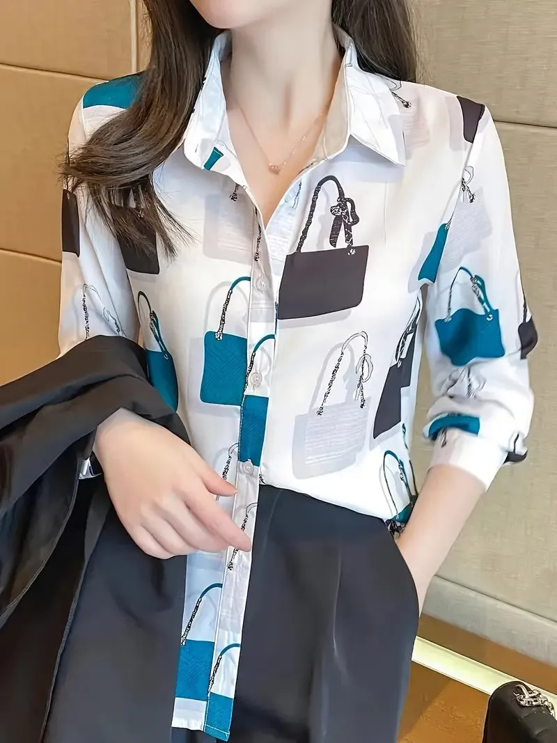 Bags Print Button Down Shirt, Elegant Long Sleeve