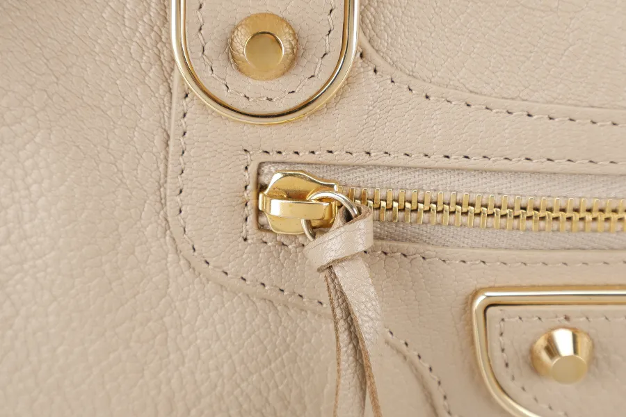 BALENCIAGA CITY BAG SMALL BEIGE LATTE LEATHER GOLD HARDWARE WITH MIRROR POCKET, STRAPS AND DUST COVER