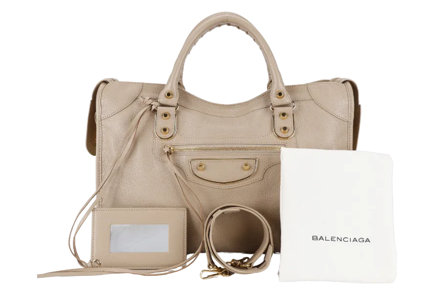 BALENCIAGA CITY BAG SMALL BEIGE LATTE LEATHER GOLD HARDWARE WITH MIRROR POCKET, STRAPS AND DUST COVER