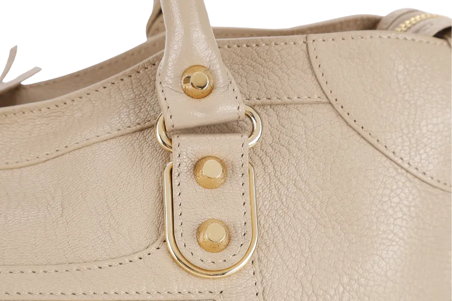 BALENCIAGA CITY BAG SMALL BEIGE LATTE LEATHER GOLD HARDWARE WITH MIRROR POCKET, STRAPS AND DUST COVER