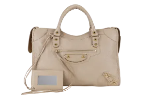 BALENCIAGA CITY BAG SMALL BEIGE LATTE LEATHER GOLD HARDWARE WITH MIRROR POCKET, STRAPS AND DUST COVER