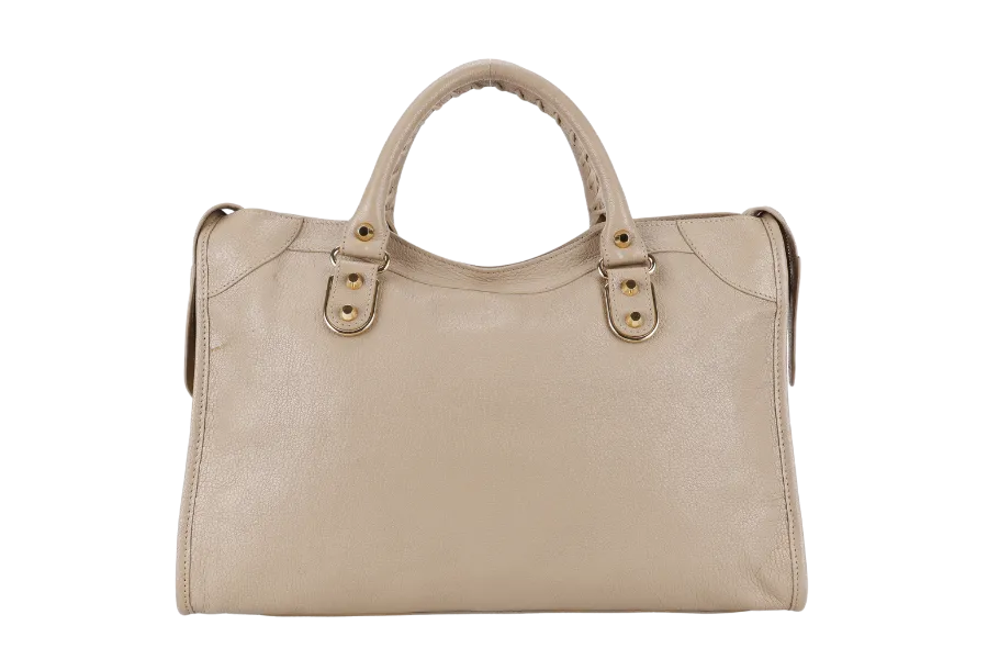 BALENCIAGA CITY BAG SMALL BEIGE LATTE LEATHER GOLD HARDWARE WITH MIRROR POCKET, STRAPS AND DUST COVER