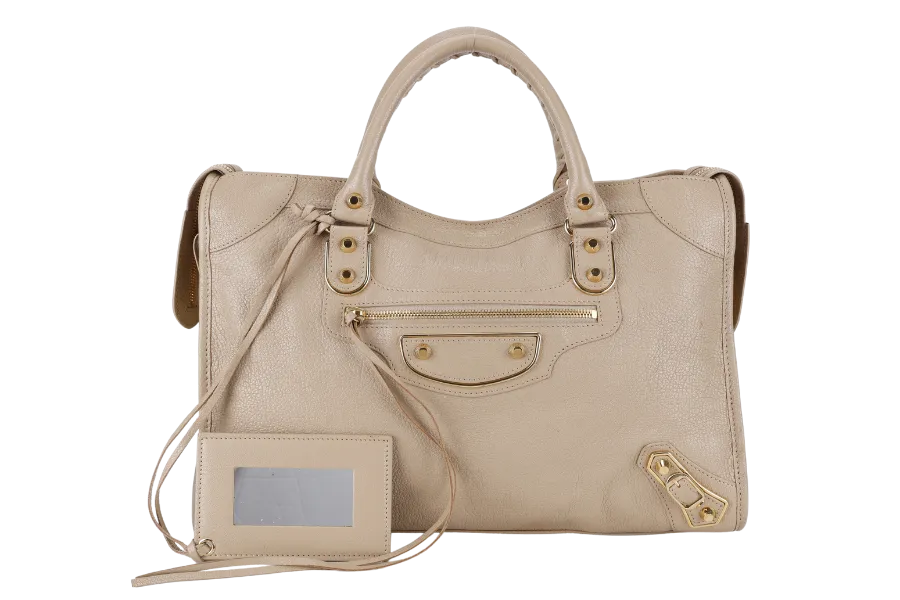BALENCIAGA CITY BAG SMALL BEIGE LATTE LEATHER GOLD HARDWARE WITH MIRROR POCKET, STRAPS AND DUST COVER