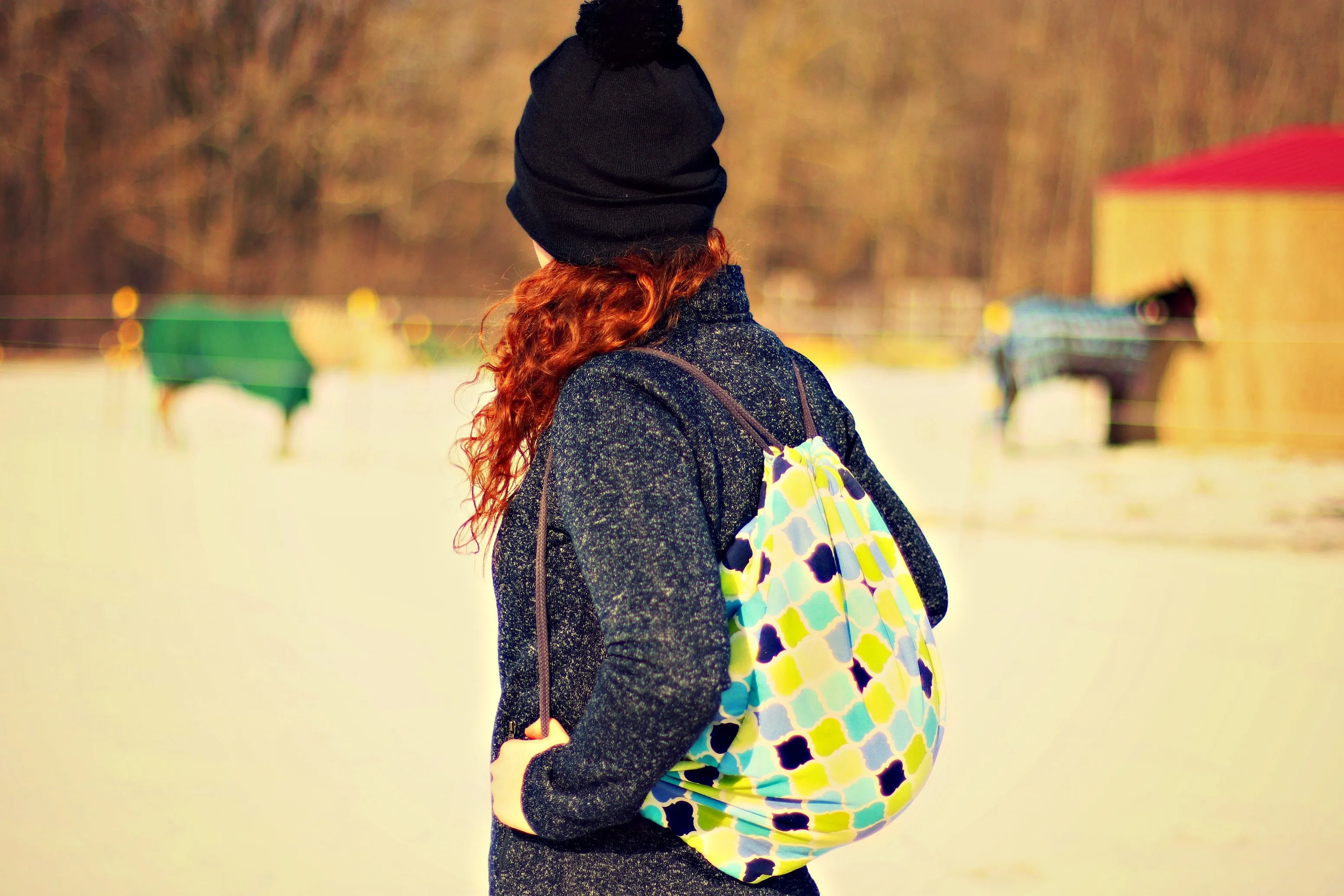 Blue & Teal Plaid Drawstring Helmet Bag