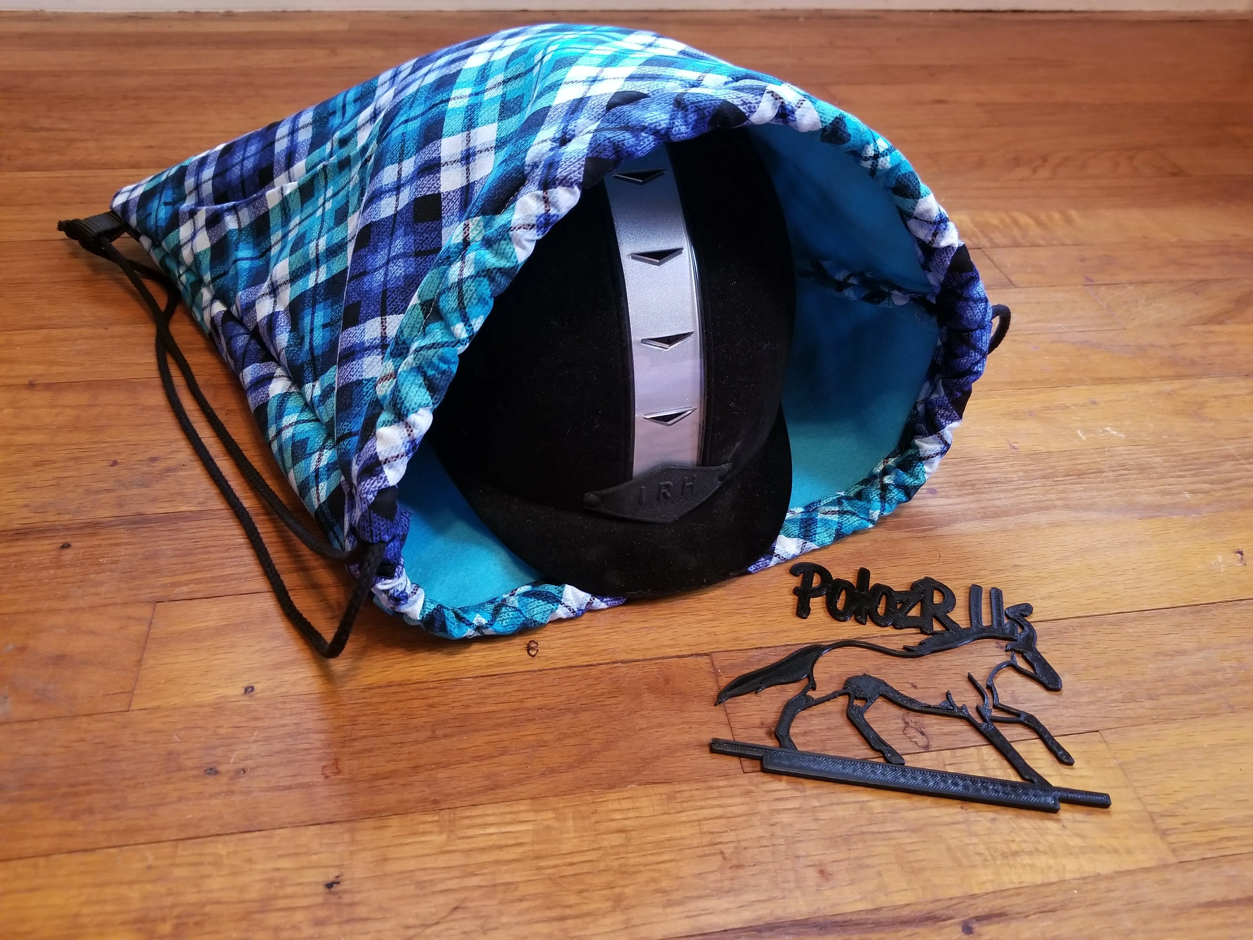 Blue & Teal Plaid Drawstring Helmet Bag