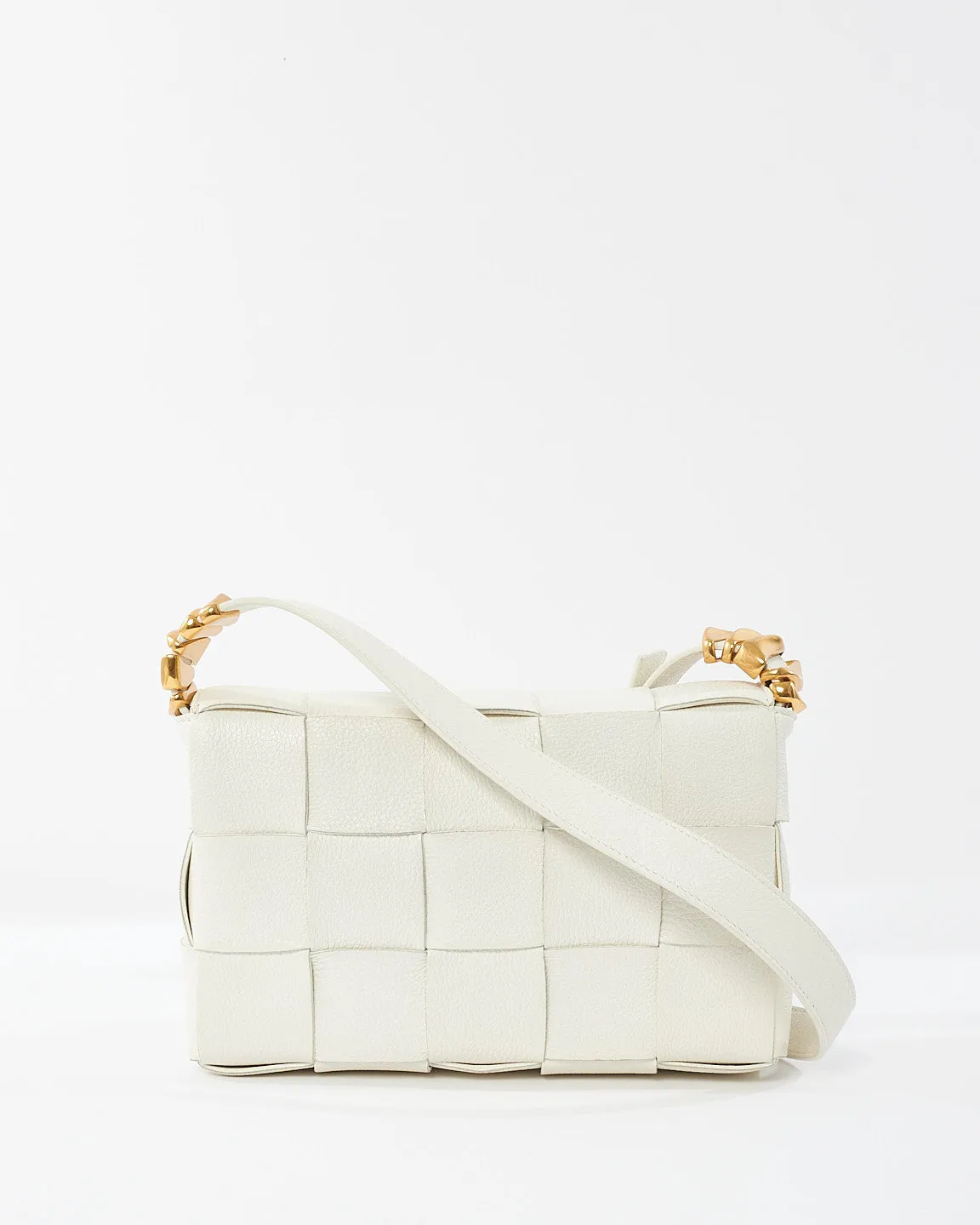 Bottega Veneta White Intrecciato Leather Gold Detail Casette Bag
