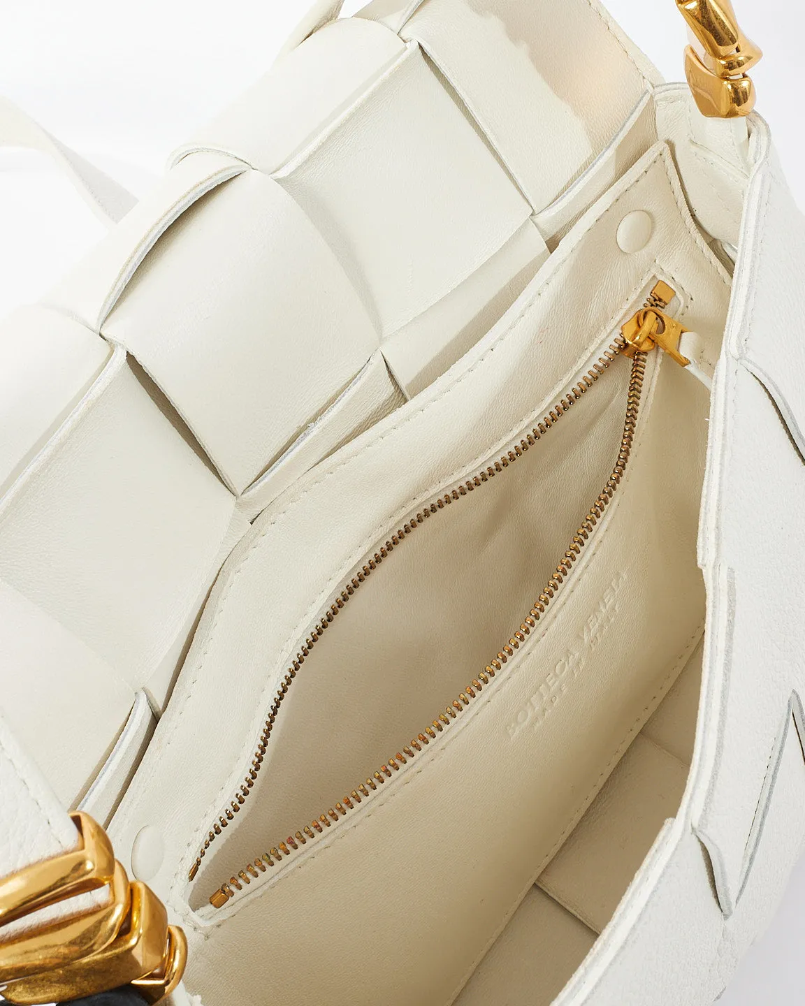 Bottega Veneta White Intrecciato Leather Gold Detail Casette Bag