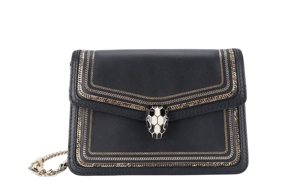 BVLGARI FOREVER SERPENTI DIAMOND BLAST SMALL BLACK LEATHER GOLD HARDWARE WITH CARD, DUST COVER AND BOX
