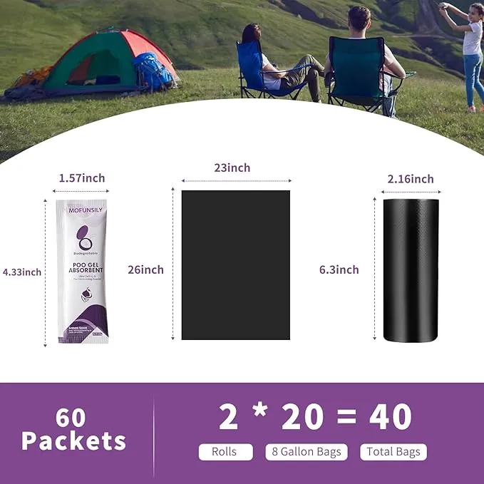 Camping Toilet Poo Powder 60 Pack   40 Portable Camping Toilet Bags, Thickened Biodegradable 8 Gallon Compostable Toilet Waste Bags, Poo Gel for Camping Portable Toilet Gel