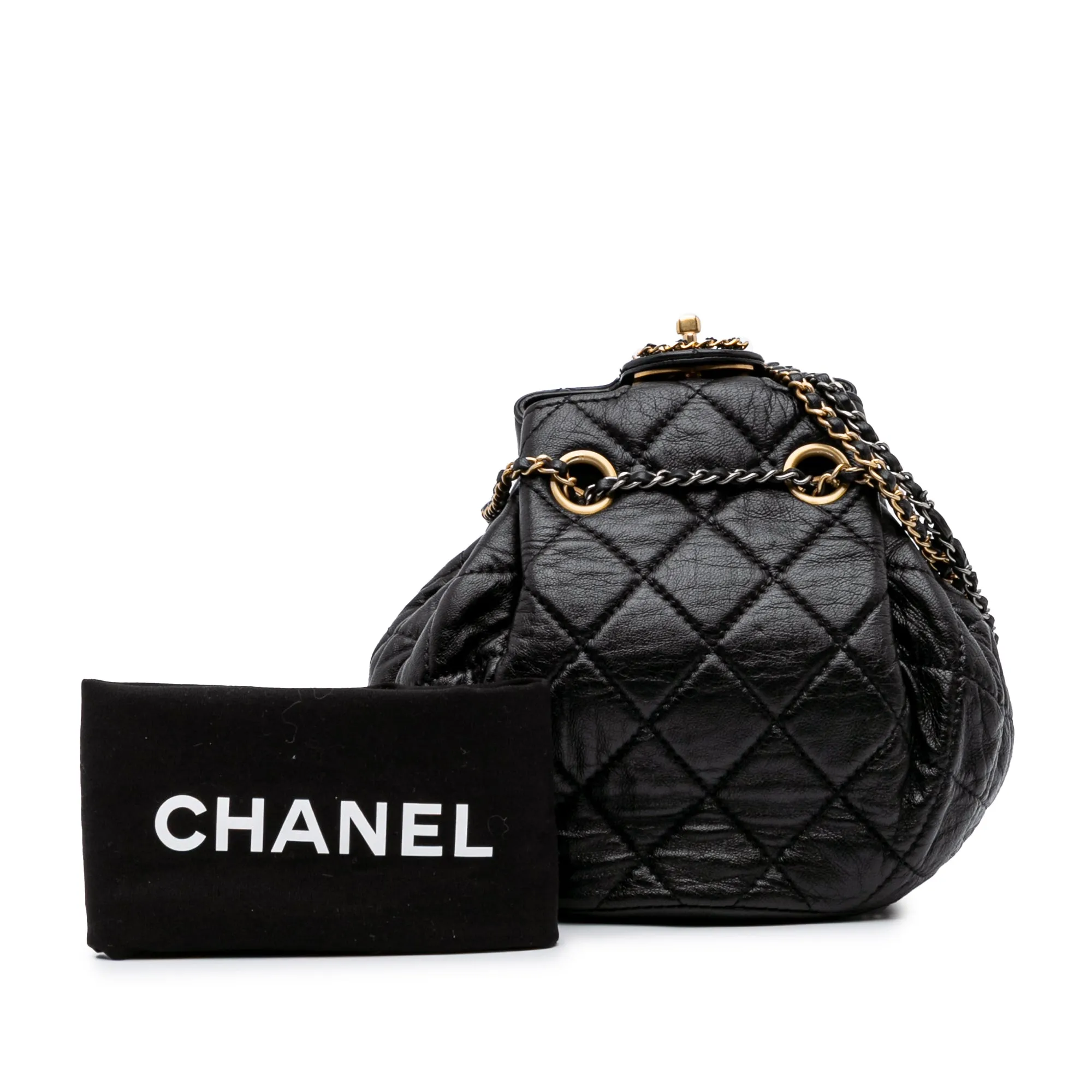 CC Quilted Lambskin Chain Drawstring Bucket Bag