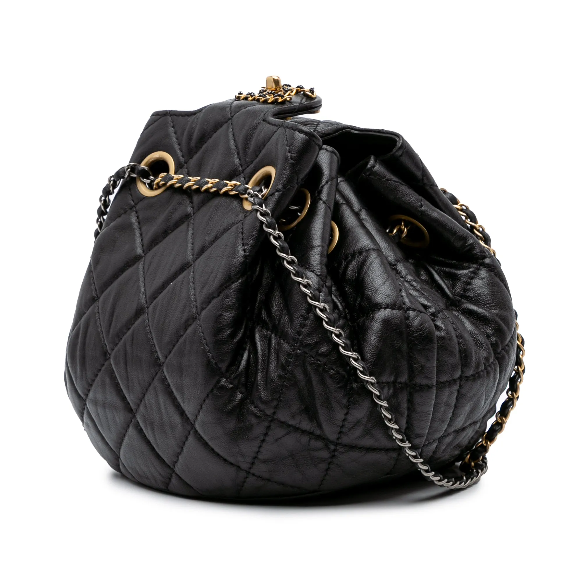 CC Quilted Lambskin Chain Drawstring Bucket Bag