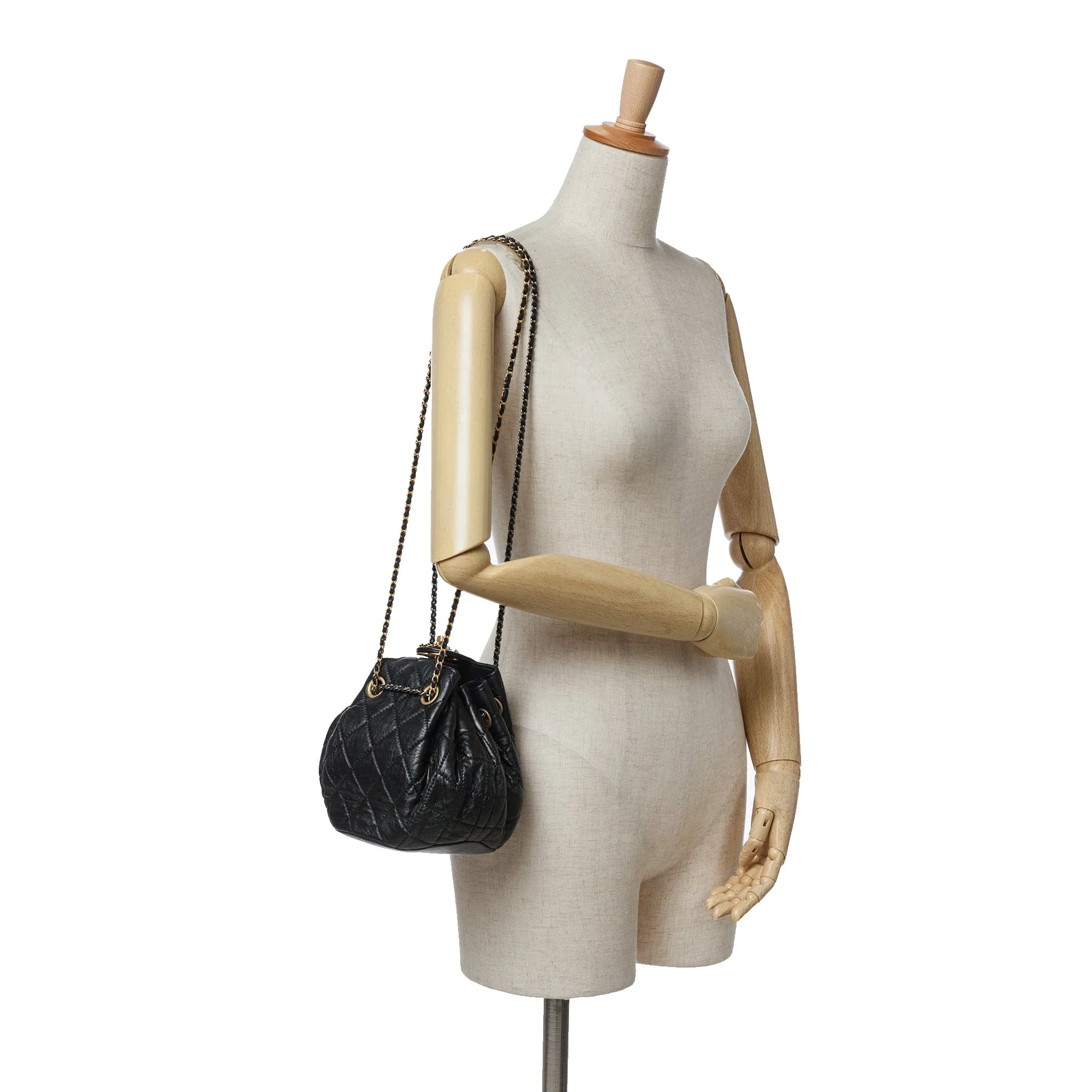 CC Quilted Lambskin Chain Drawstring Bucket Bag
