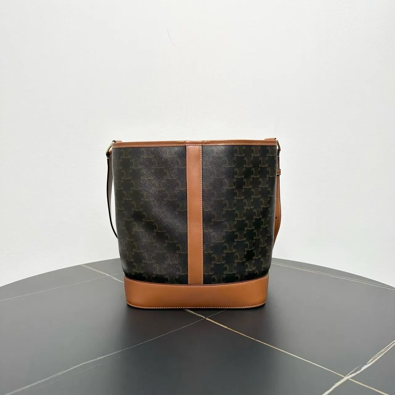 Celine Triomphe Canvas Tan Leather Bucket Bag Medium