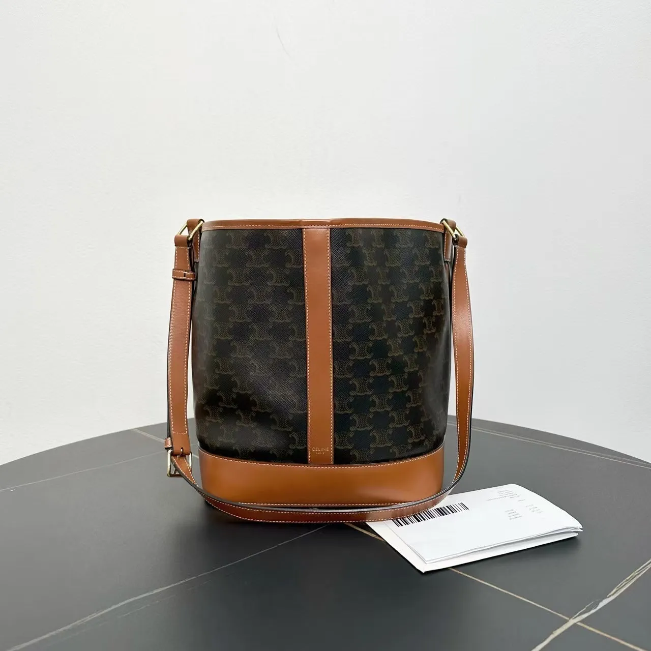 Celine Triomphe Canvas Tan Leather Bucket Bag Medium