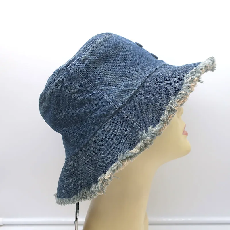 Celine Triomphe Frayed Rigid Denim Bucket Hat Dark Union Wash Size Medium NEW