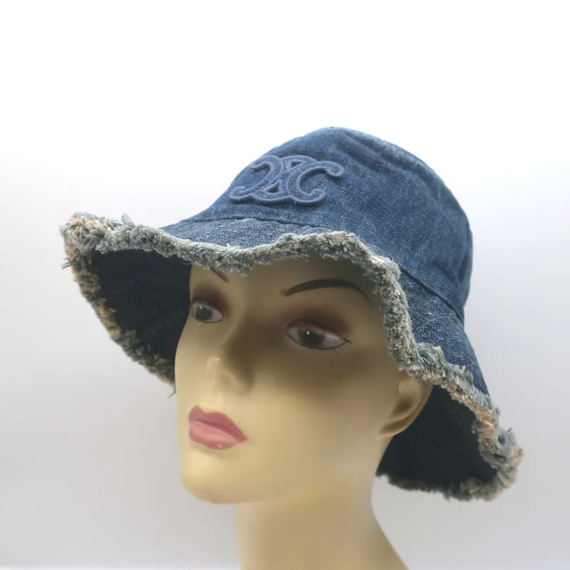 Celine Triomphe Frayed Rigid Denim Bucket Hat Dark Union Wash Size Medium NEW