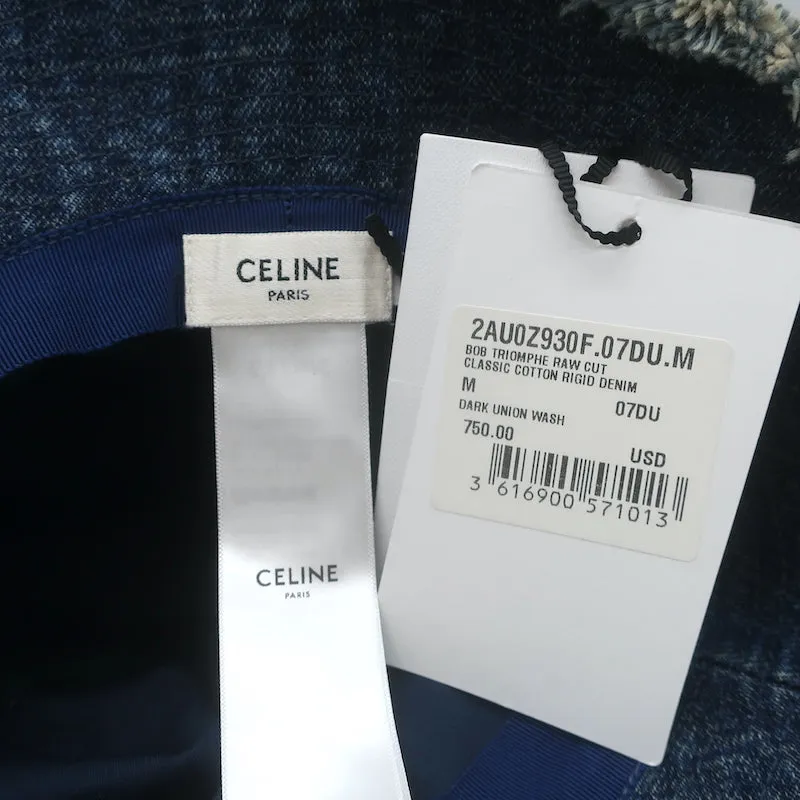 Celine Triomphe Frayed Rigid Denim Bucket Hat Dark Union Wash Size Medium NEW