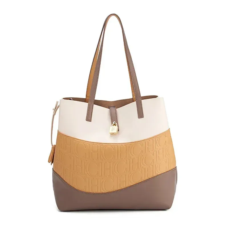 CH Leather Trendy Women's Business Handbag Pure Color Splicing Large Capacity Crossbody Simple Fresh Style Commuter Shoulder Bag