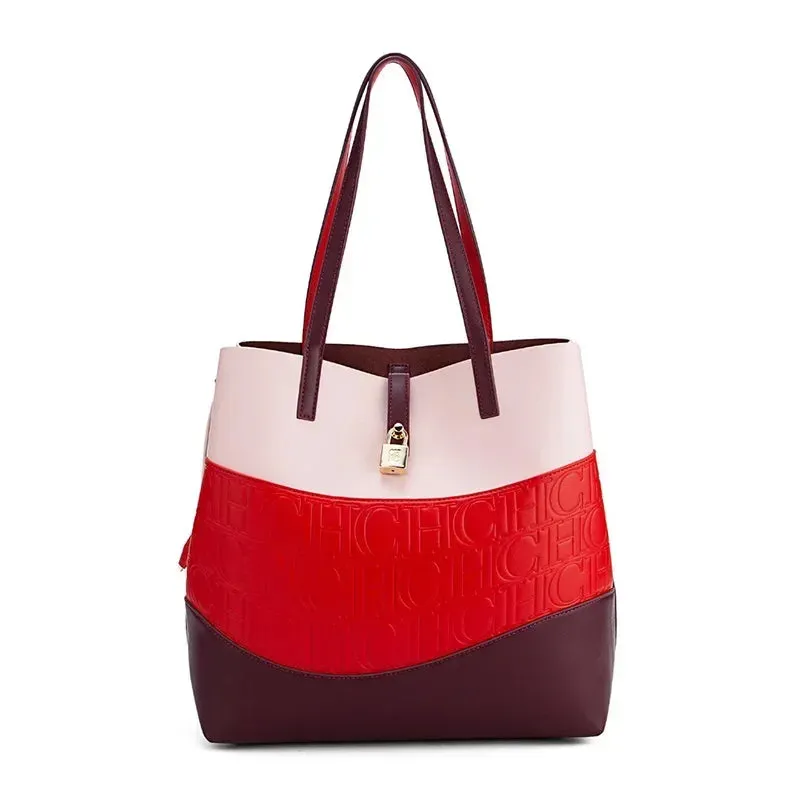 CH Leather Trendy Women's Business Handbag Pure Color Splicing Large Capacity Crossbody Simple Fresh Style Commuter Shoulder Bag