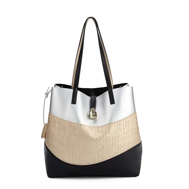 CH Leather Trendy Women's Business Handbag Pure Color Splicing Large Capacity Crossbody Simple Fresh Style Commuter Shoulder Bag
