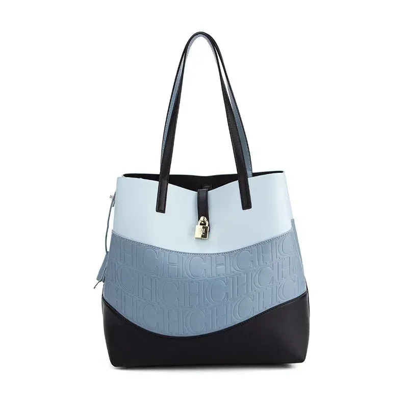 CH Leather Trendy Women's Business Handbag Pure Color Splicing Large Capacity Crossbody Simple Fresh Style Commuter Shoulder Bag