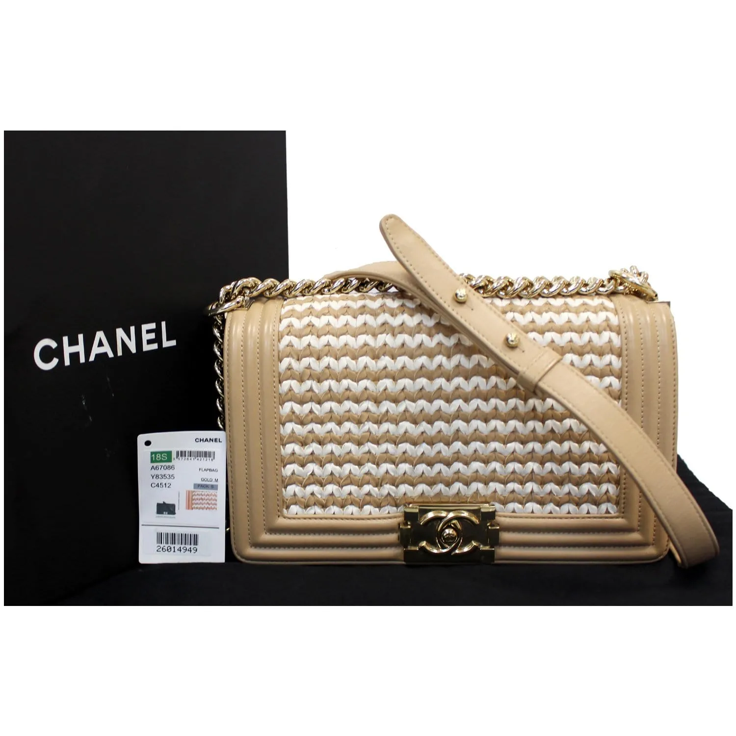 CHANEL BOY Braided Lambskin Leather Shoulder Bag Beige