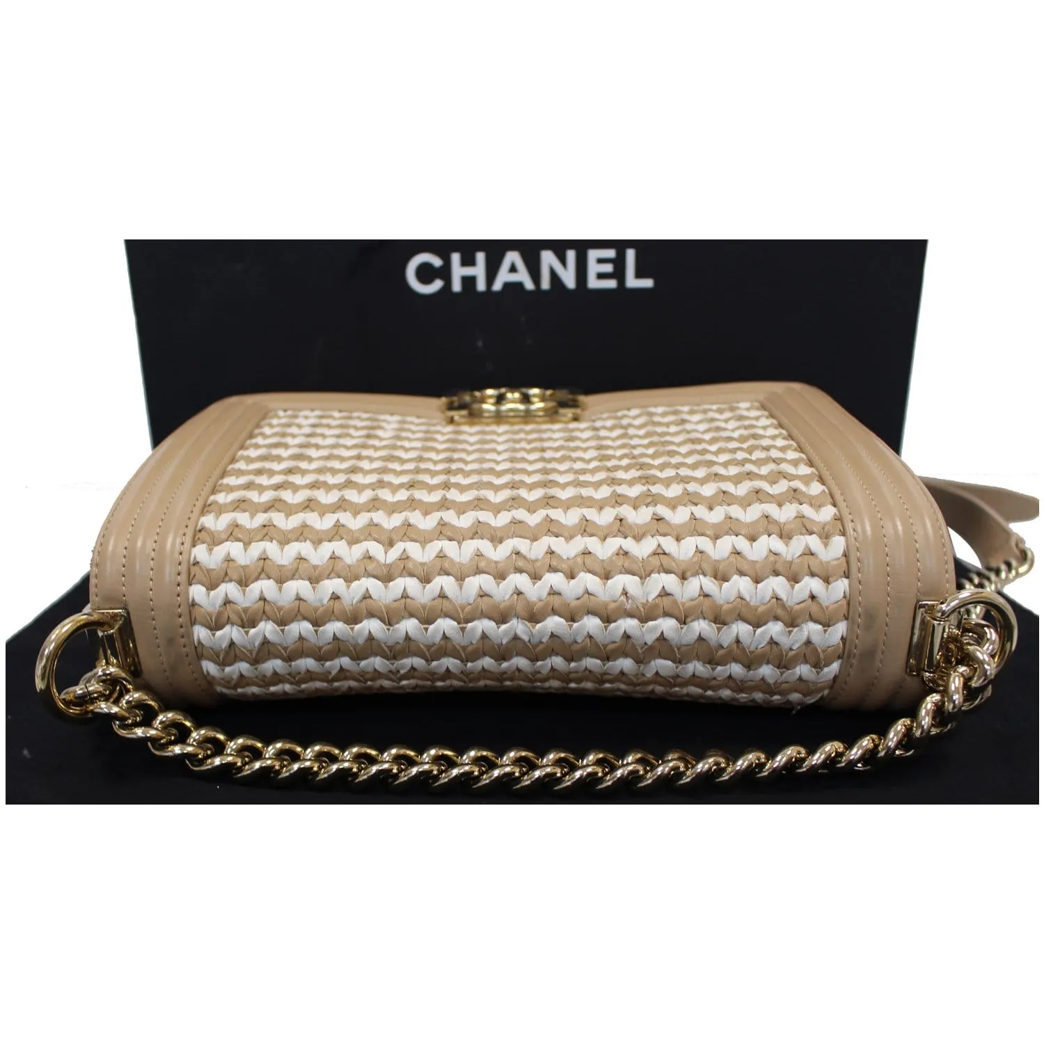 CHANEL BOY Braided Lambskin Leather Shoulder Bag Beige