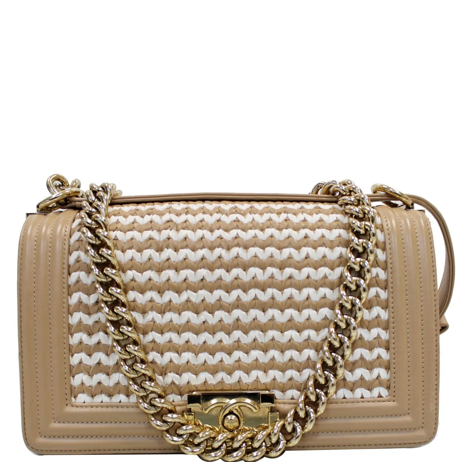 CHANEL BOY Braided Lambskin Leather Shoulder Bag Beige