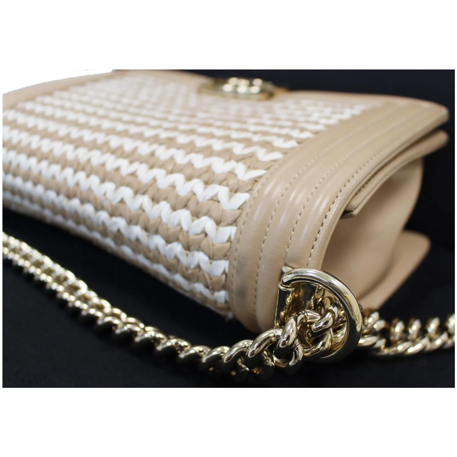 CHANEL BOY Braided Lambskin Leather Shoulder Bag Beige