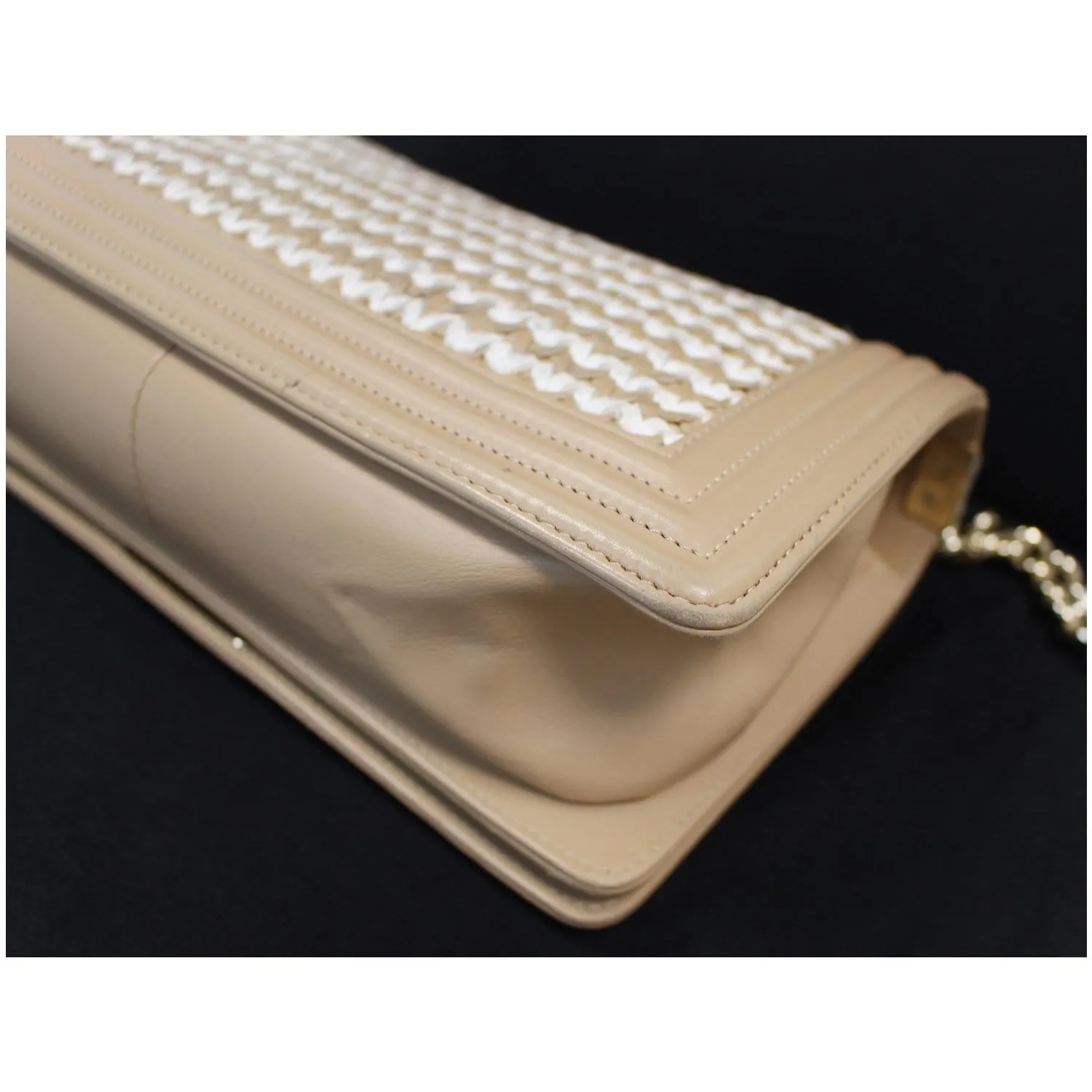 CHANEL BOY Braided Lambskin Leather Shoulder Bag Beige