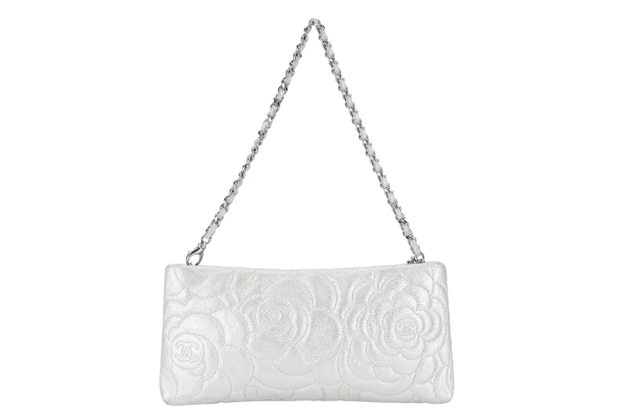 CHANEL CAMELLIA EMBOSSED SMALL SILVER METALLIC POCHETTE SILVER HARDWARE (2005xxxx) WITH CARD